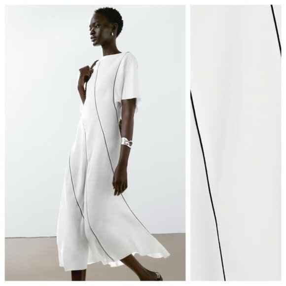 Massimo Dutti Womens Midi Dress Size M White Black stripe Flowing 6653/591 NWT - Picture 4 of 14